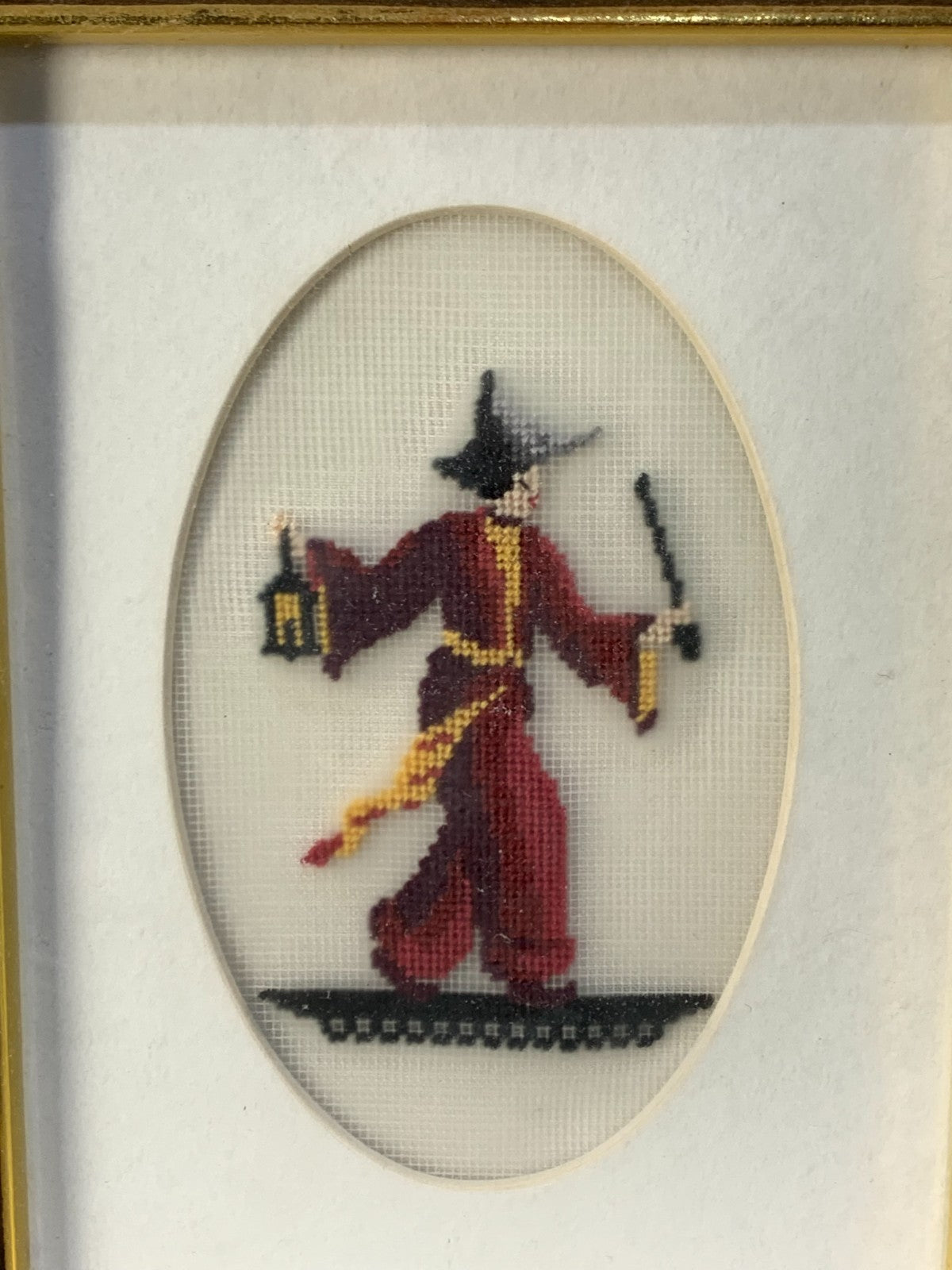 VINTAGE HANDMADE PAIR NEEDLE POINT ART ASIAN MAN AND LADY IN FRAMES