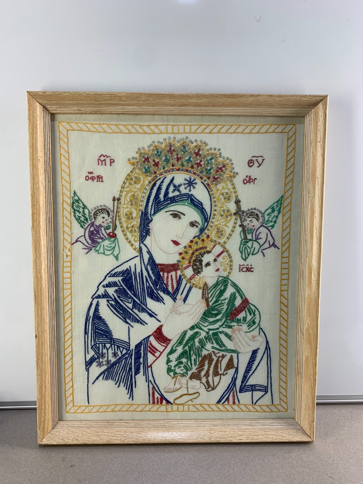 ANTIQUE EARLY 20TH CENTURY RUSSIAN RELIGIOUS ICON "MOTHER OF GOD" NEEDLEPOINT