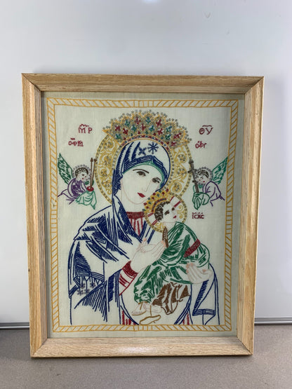 ANTIQUE EARLY 20TH CENTURY RUSSIAN RELIGIOUS ICON "MOTHER OF GOD" NEEDLEPOINT