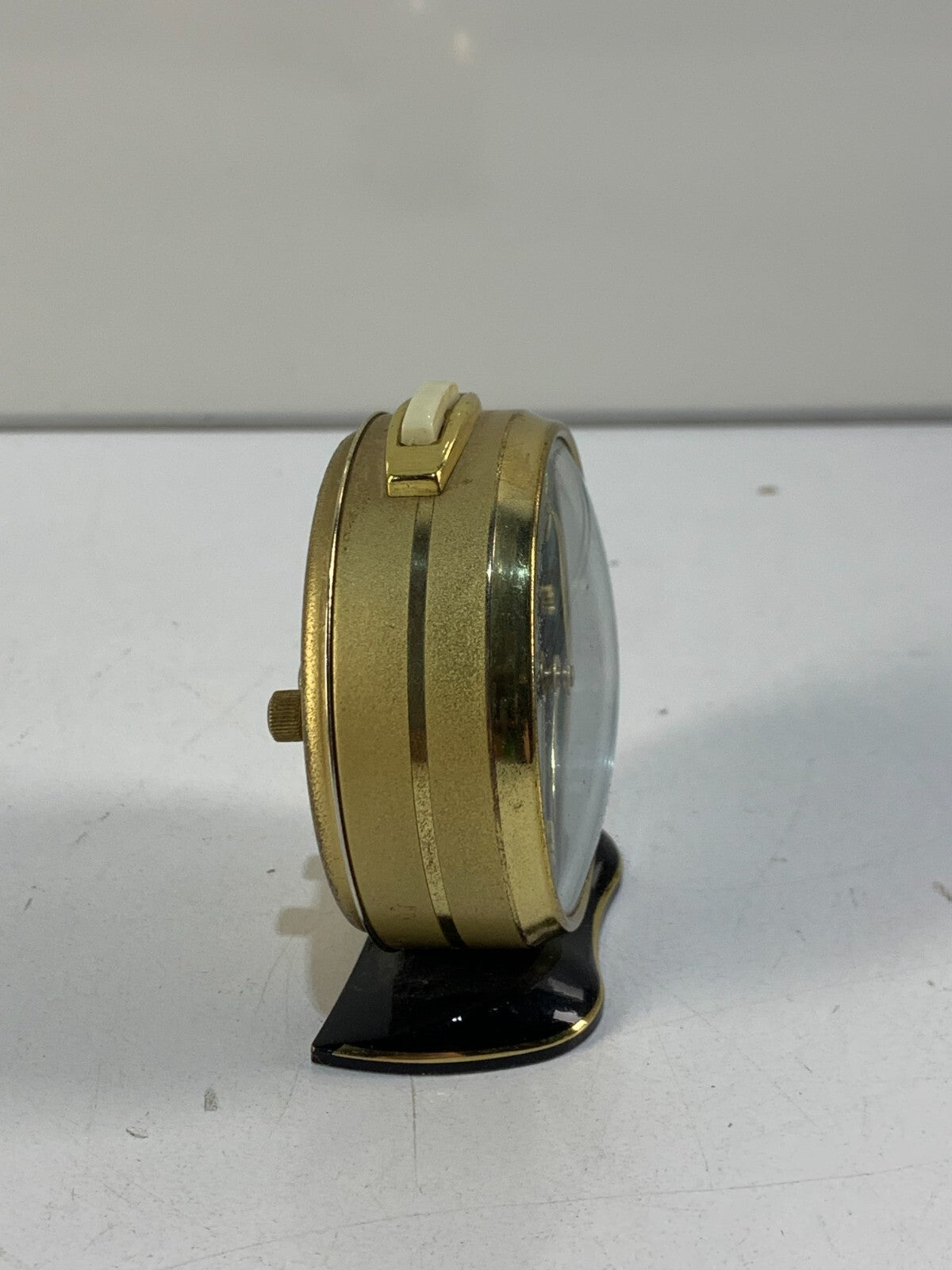 Colibri Mauthe Desk Clock Black Gold Brass Round Germany Wind Up Alarm 60s RARE