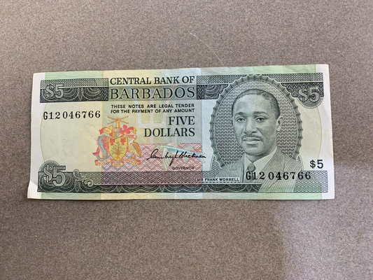 1975 Barbados $5 Bill Gem Serial G12046766