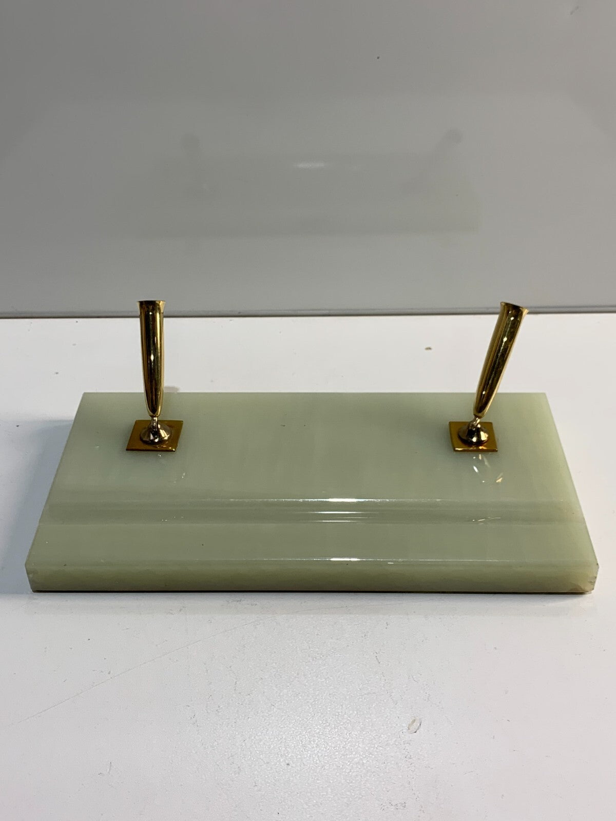 Vintage Scheaffer Green Onyx Marble Base Double Pen Desk Holder Set Gold tone