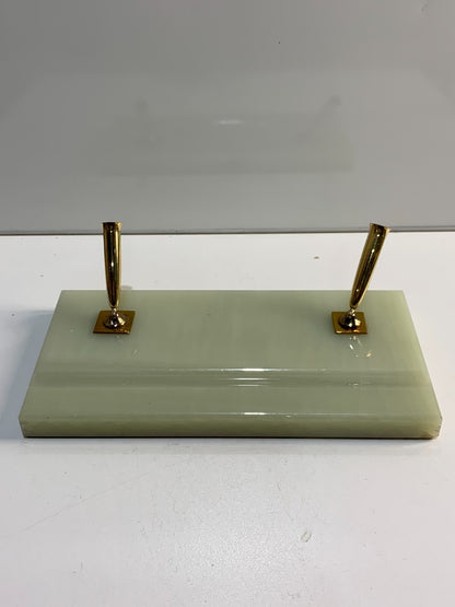 Vintage Scheaffer Green Onyx Marble Base Double Pen Desk Holder Set Gold tone