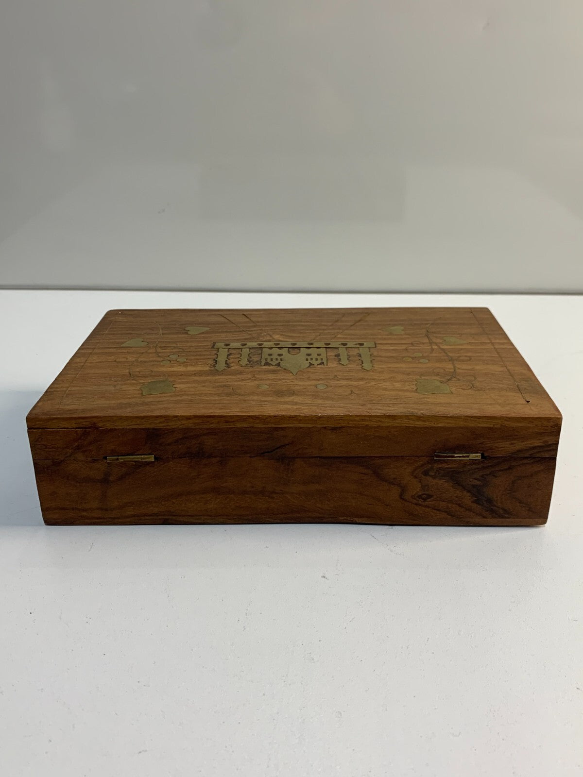 Vintage Carved Wood Jewelry Box with Taj Mahal Gold Inlay