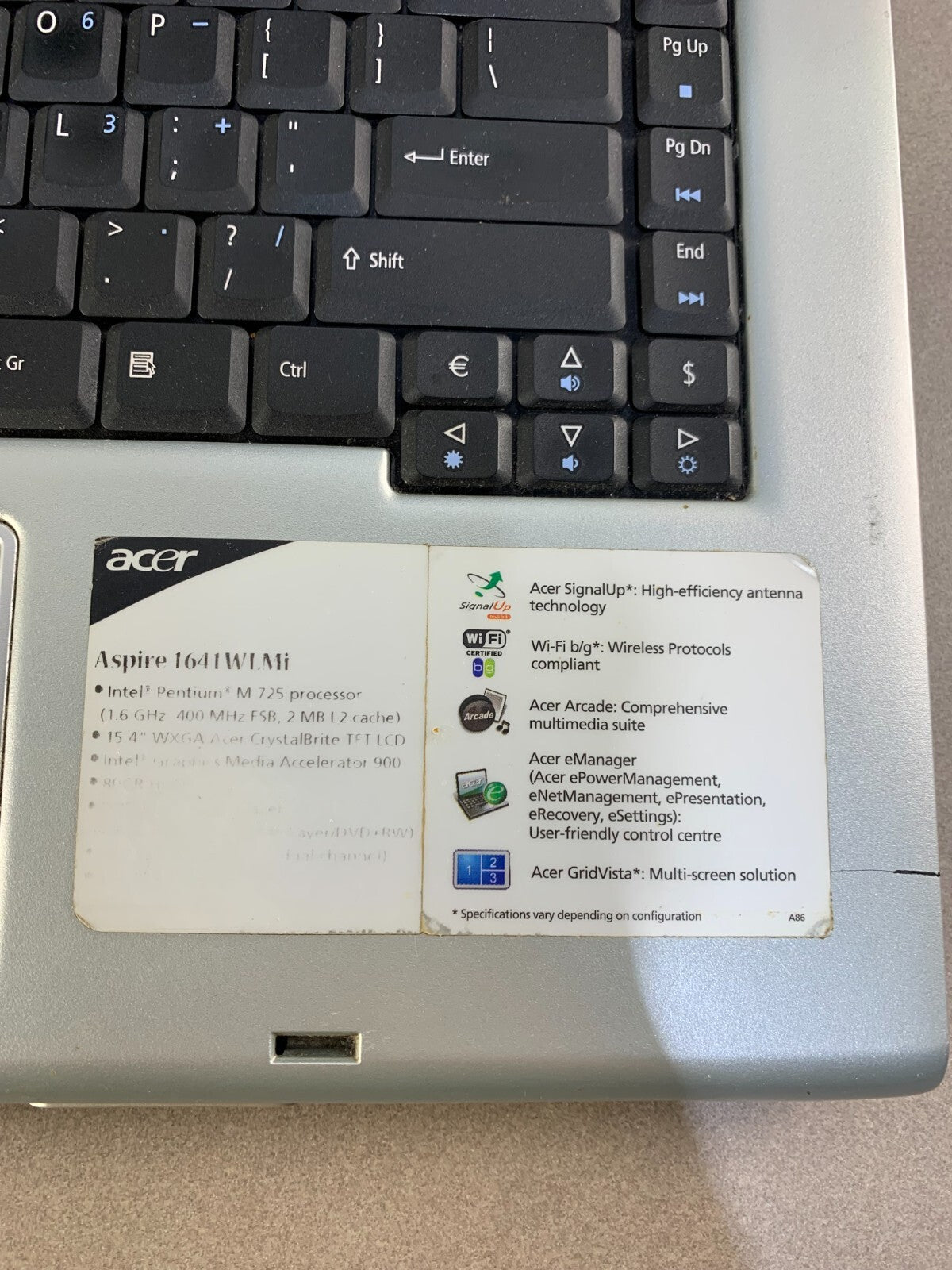 Acer Aspire 1640 Series, Intel Centrino Laptop, Windows 7, No battery