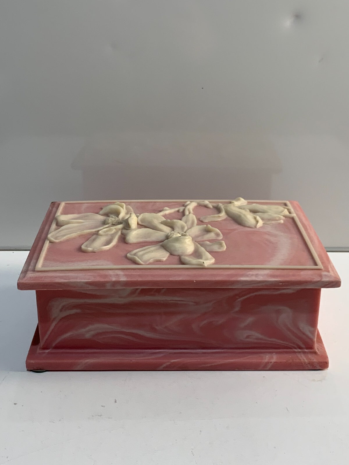 Vintage Design Gift Rose Trinket Box 80s Pink Soapstone Vanity Bath Jewelry Box