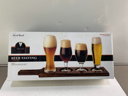 Final Touch Beer Tasting Paddle Set (4 Glasses, Wood Paddle & Tasting Guide)