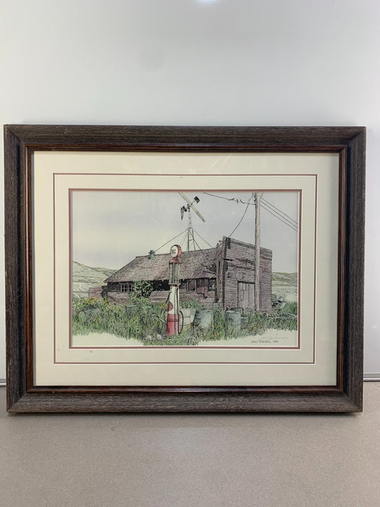 Vintage James Marshall 1982 Signed Framed Print - Rustic Gas Station Art, #69/75