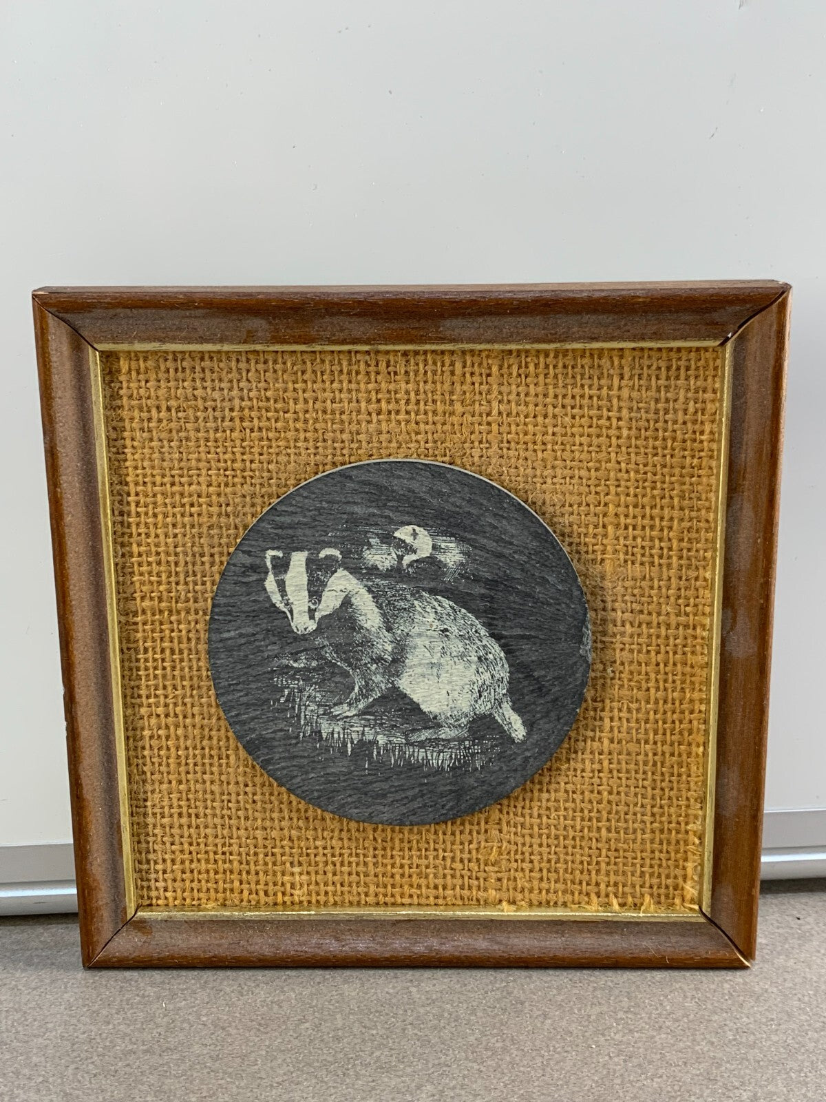 Beautiful Badger Art Handmade on a stone– Rustic Burlap Background