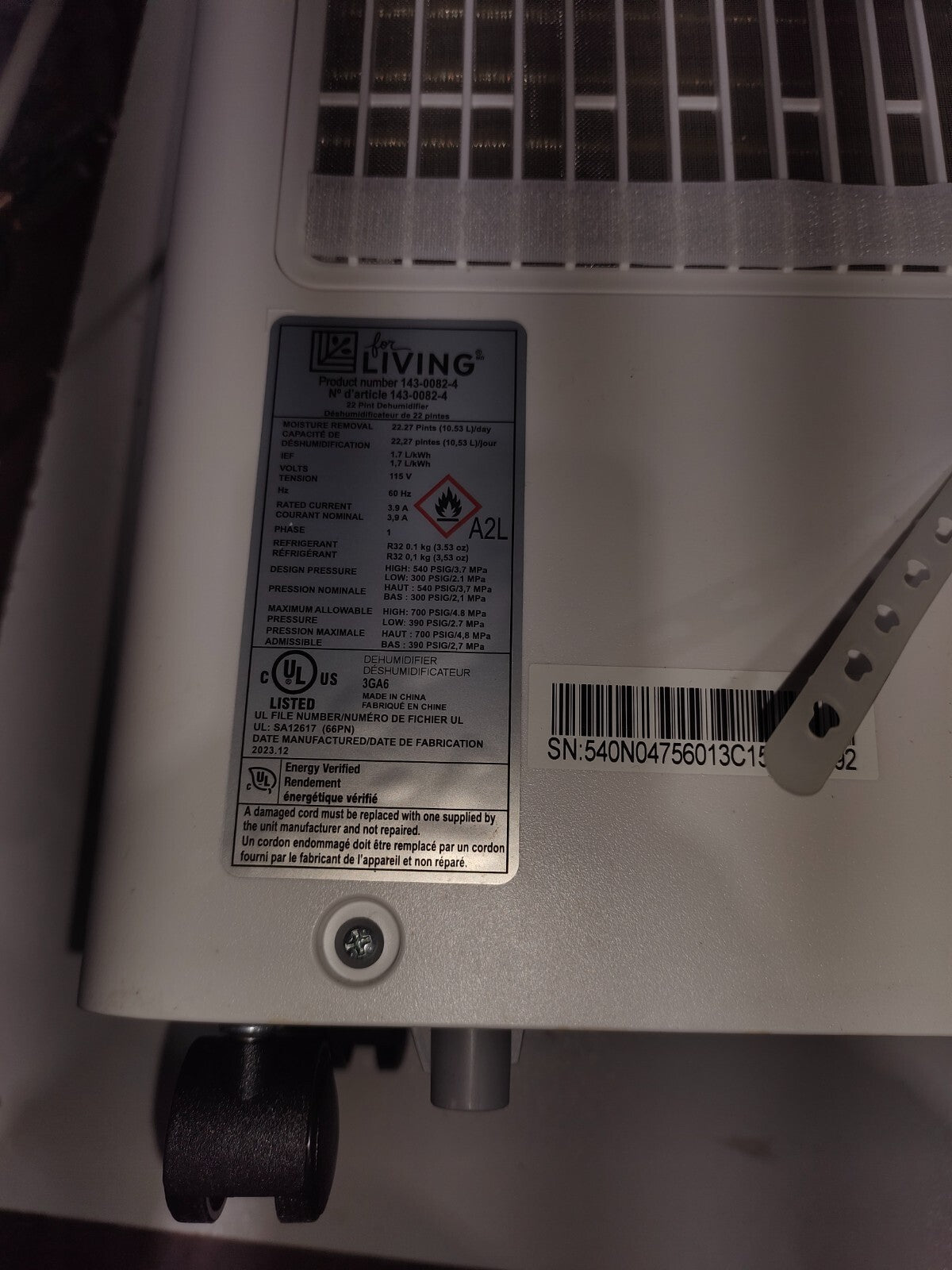 Living 22 Pint 2-Speed Dehumidifier - White