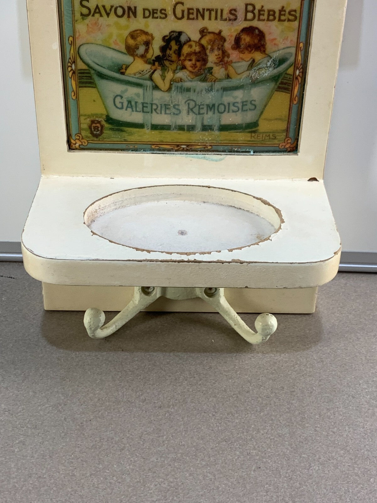 French Savon Des Gentils Bebes Small Wood Shelf W/ Tile Display and Coat Hangers