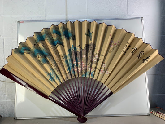 Vintage Large Chinese Wall Art Fan Landscape Birds Plum Blossoms Hand Painted