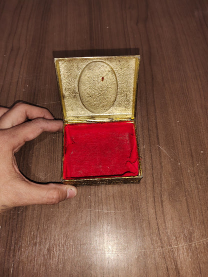 Vintage Ornate Metal Cameo Brass Trinket Jewelry Box  Red Velvet Lined