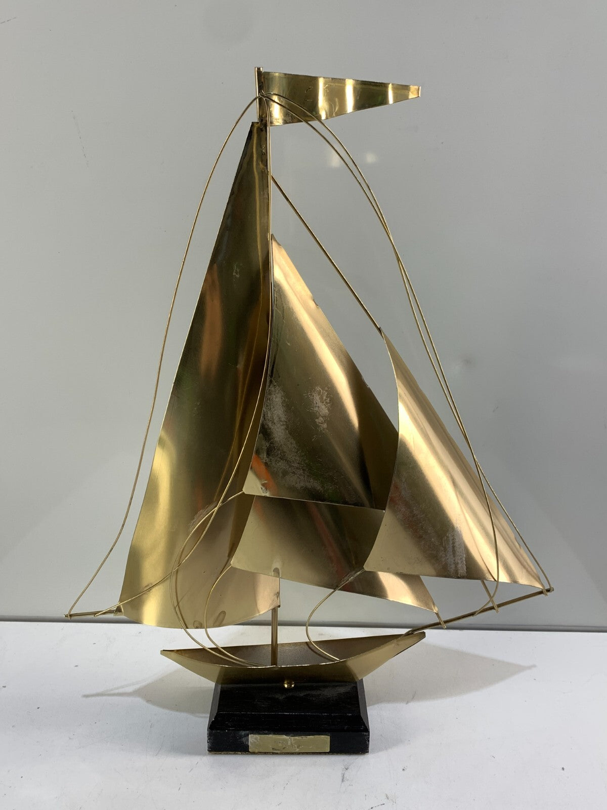 Brass Sailboat Nautical Art Marble Base Wire & Sheet Metal Art Boat