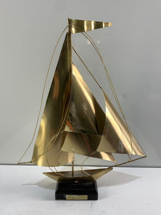 Brass Sailboat Nautical Art Marble Base Wire & Sheet Metal Art Boat
