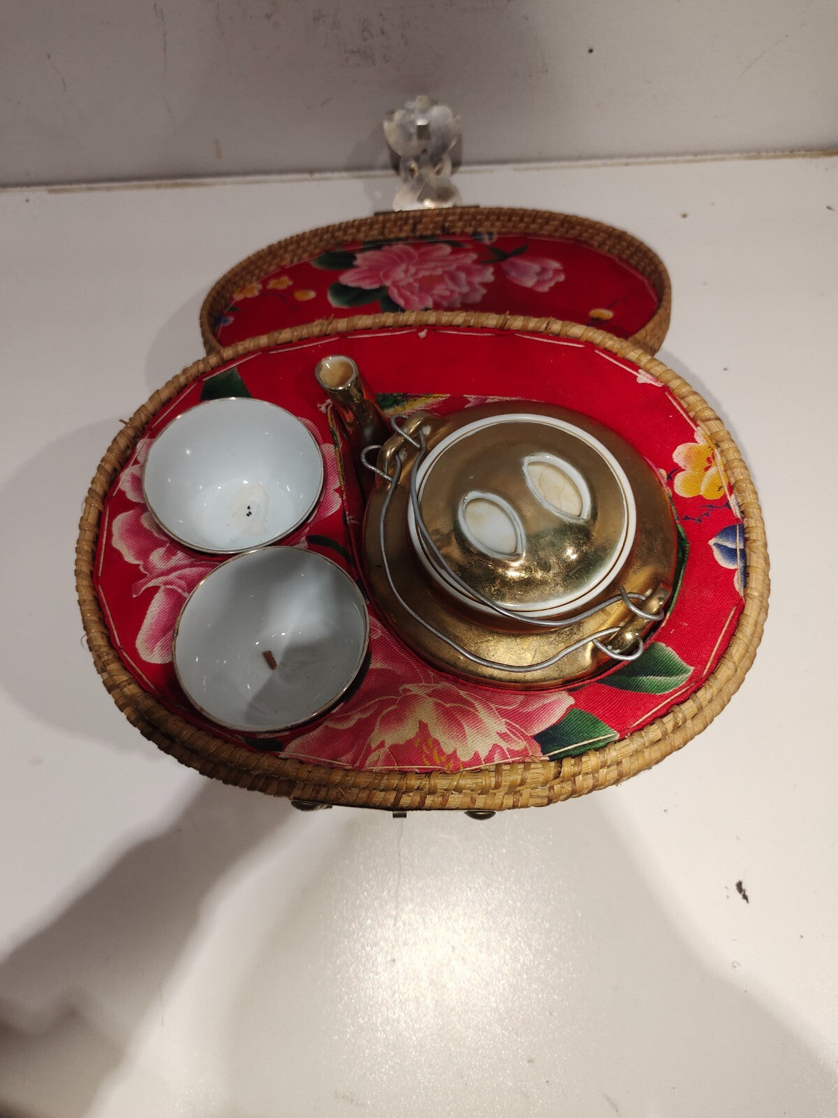 Vintage Chinese White Geisha Porcelain Tea Pot Set - Basket