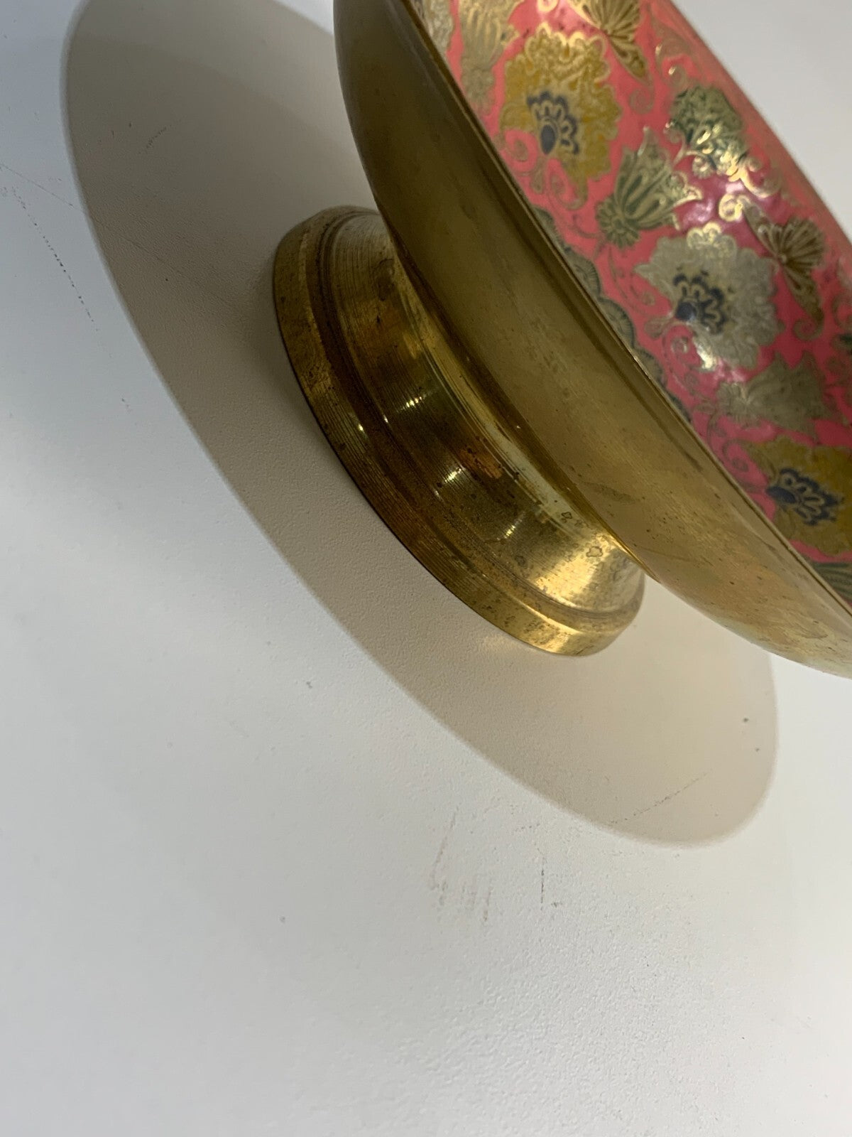 Vintage brass pedestal bowl, etched and enamel painted floral & peacock design.