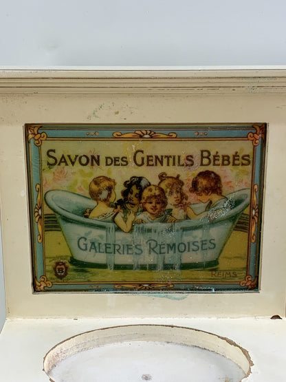 French Savon Des Gentils Bebes Small Wood Shelf W/ Tile Display and Coat Hangers