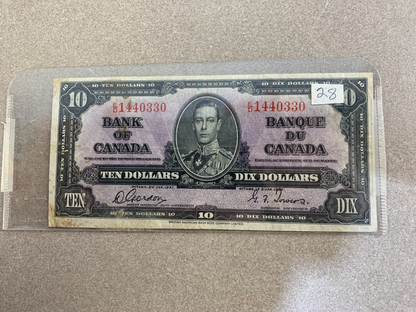 Canada 1937 $10 Ten Dollar Banknote – E/D1440330 – King George VI – Coyne/Towers