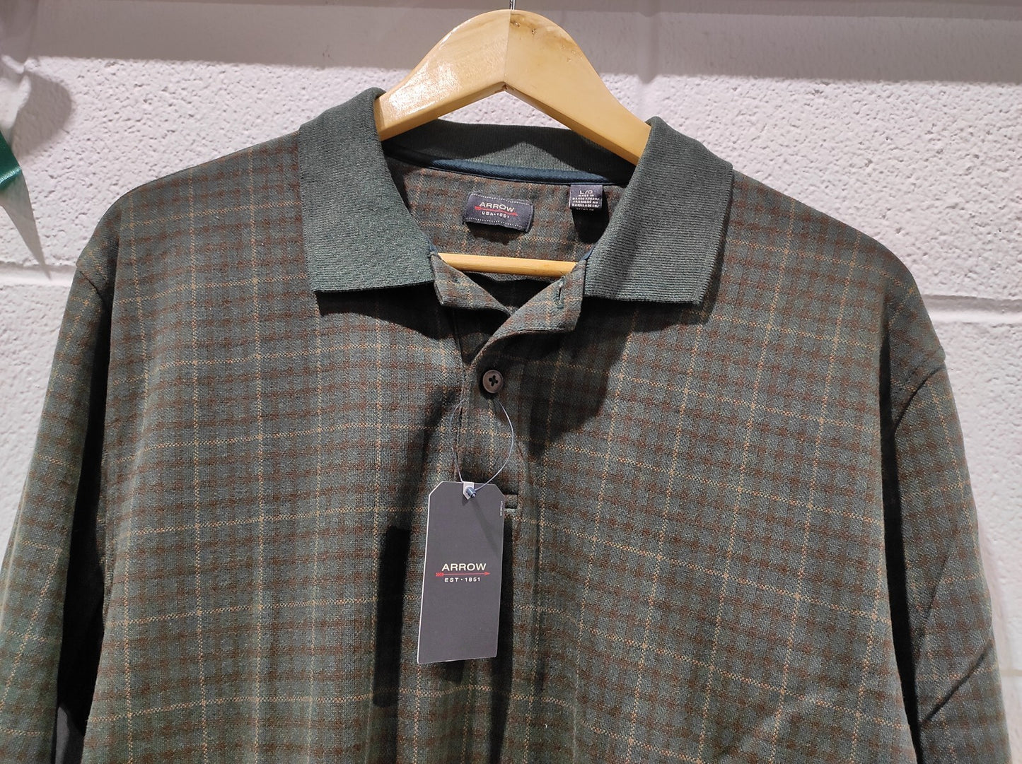 ARROW USA 1851 L POLO SHIRT  GREEN PLAID SMALL Polo