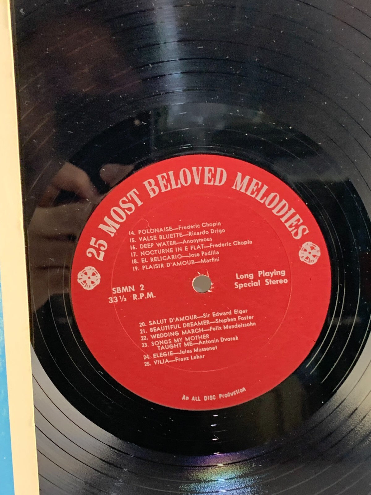 33 RPM LP Record 25 Most Beloved Melodies All-Disc Production SBMN Mozart Chopin