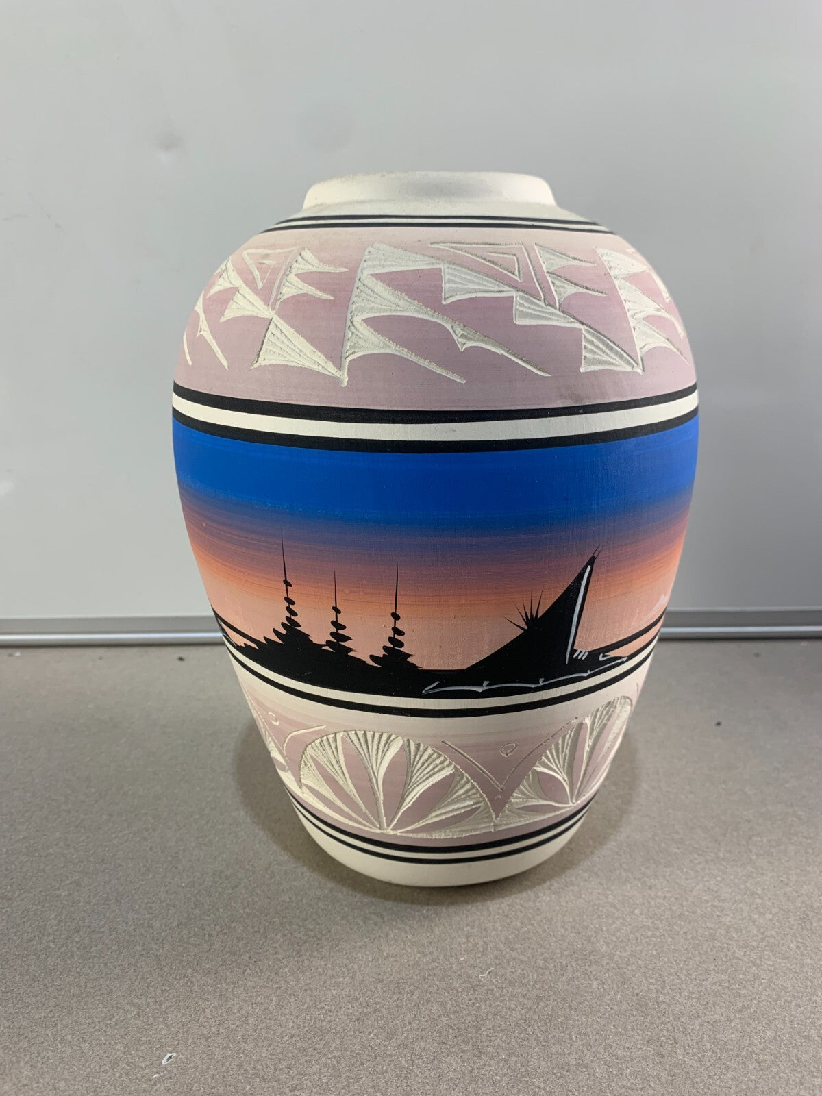 Vintage Etched Pastel Art Pottery Vase Signed S. Dineh Native American Navajo