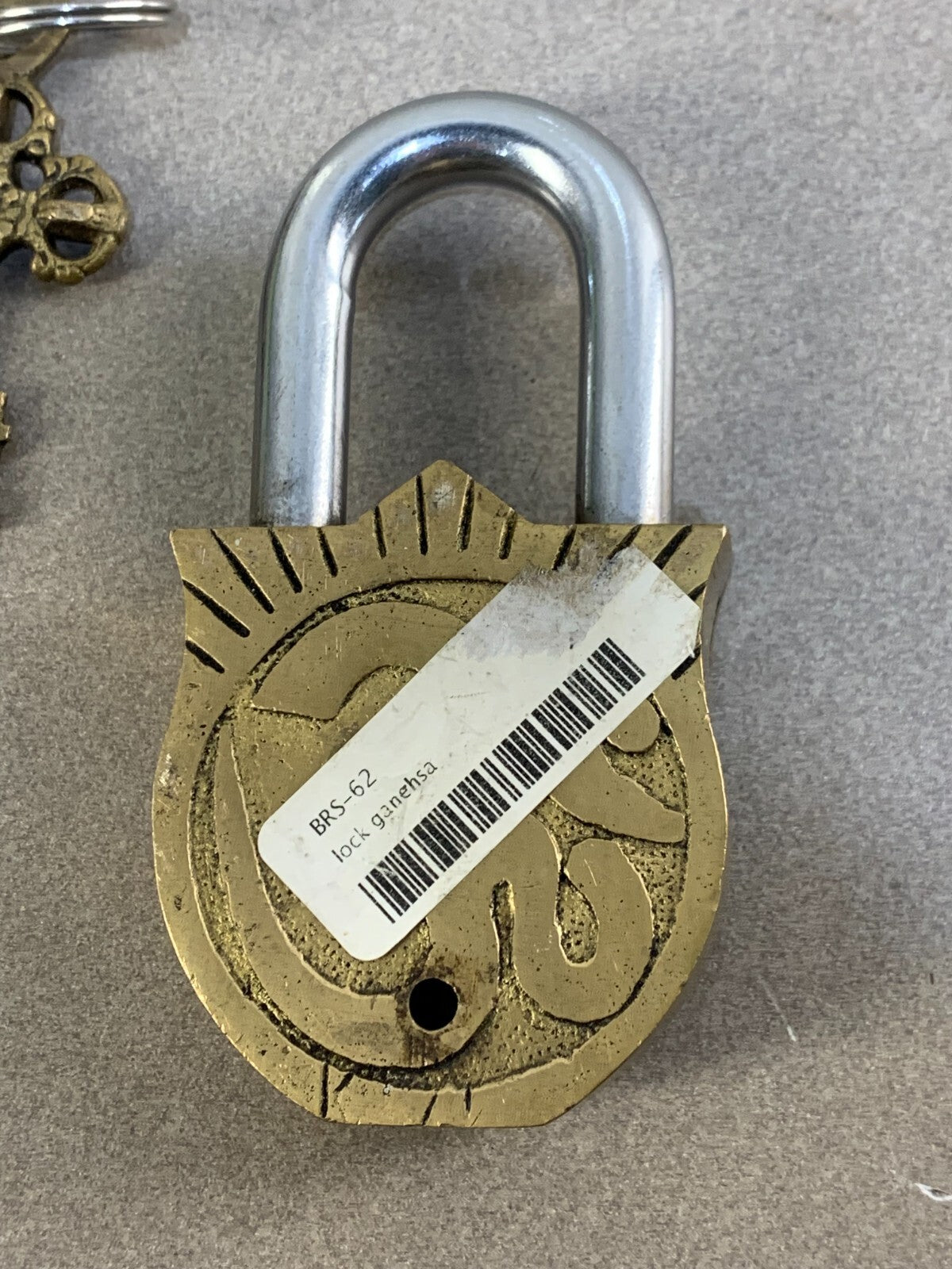 Brass Ganesh Design Decorative Lock Padlock Key Antique Collectible