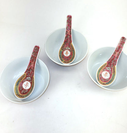 Vintage Chinese Mun Shou Rice Soup Porcelain Bowl Set - Red Famille Rose Elegance