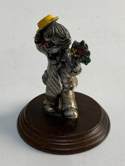 Vintage George Good Cast Pewter Clown On Wood Base With Flowers