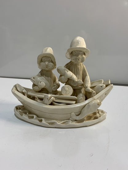 Vntg Novia Scotia Canada Folk Art Pottery Sculpture, Fisherman in Dory w Fish