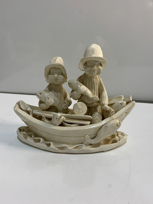 Vntg Novia Scotia Canada Folk Art Pottery Sculpture, Fisherman in Dory w Fish