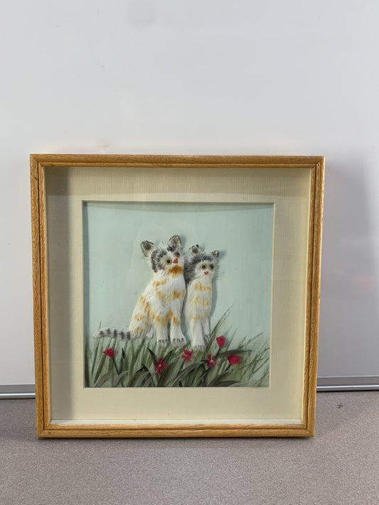 Vintage Feathered Art Cat Kittens 3D Framed Feather Art