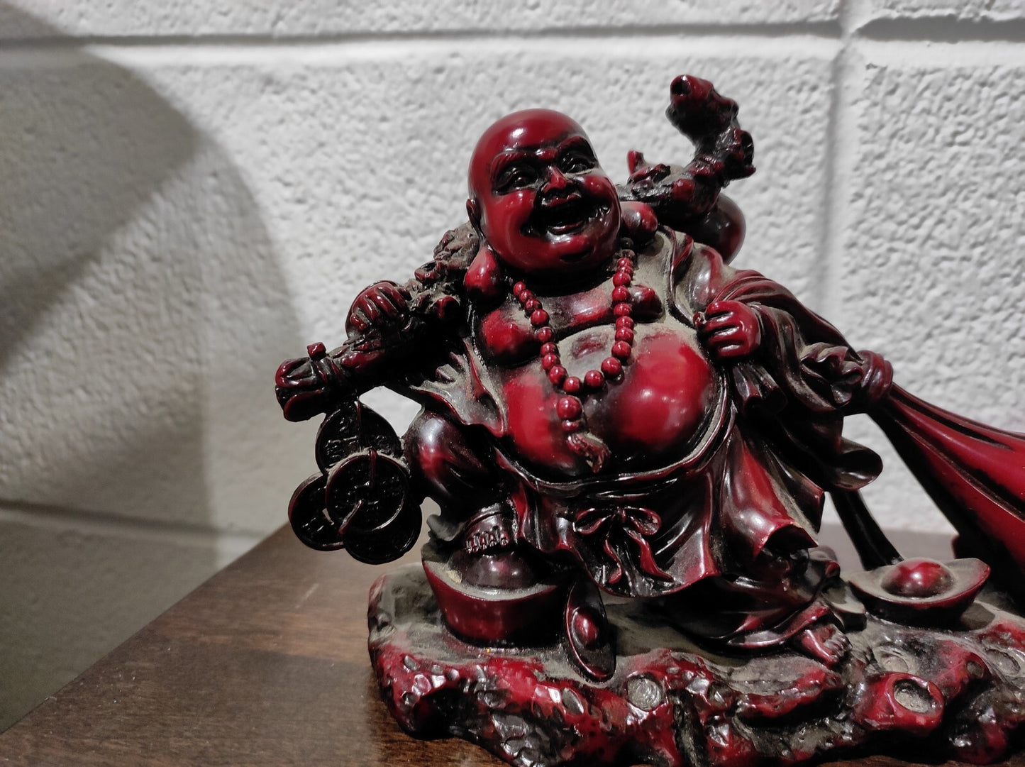 Buddha Happy Statue Laughing Figurine Red Resin Feng Shui