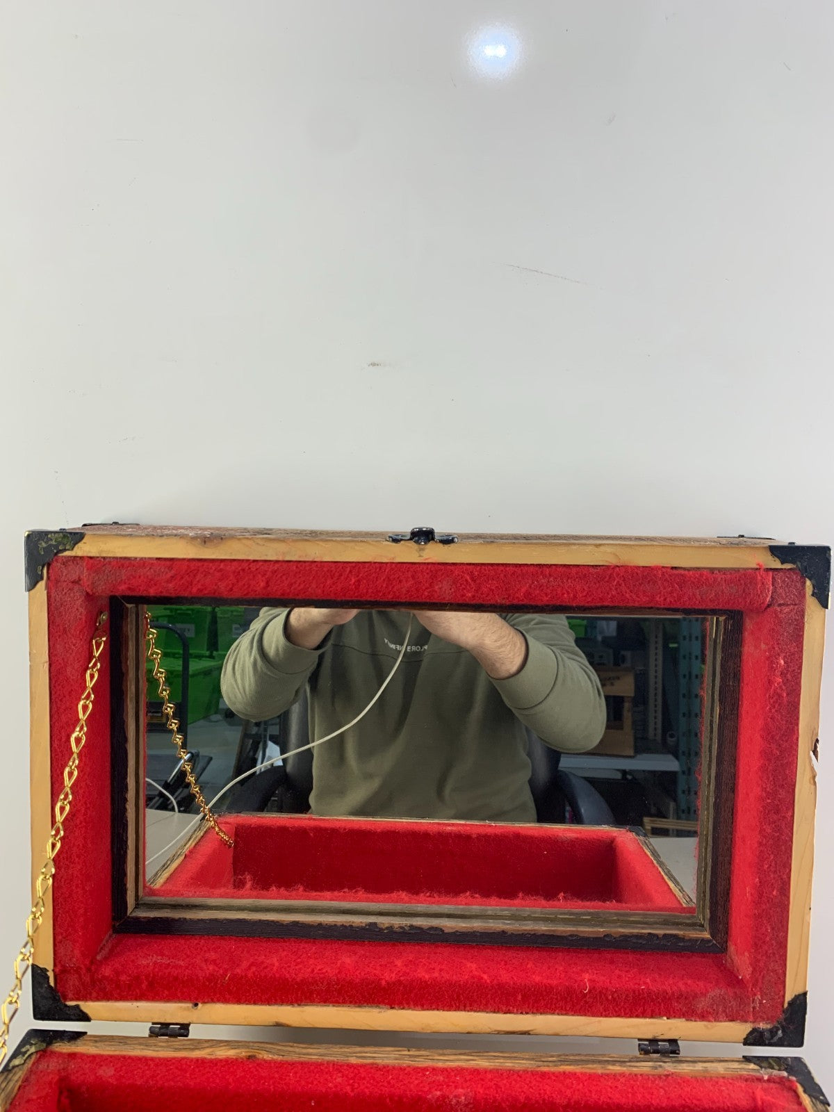 Antiqued Finished Wood Treasure Chest with Mirror inside