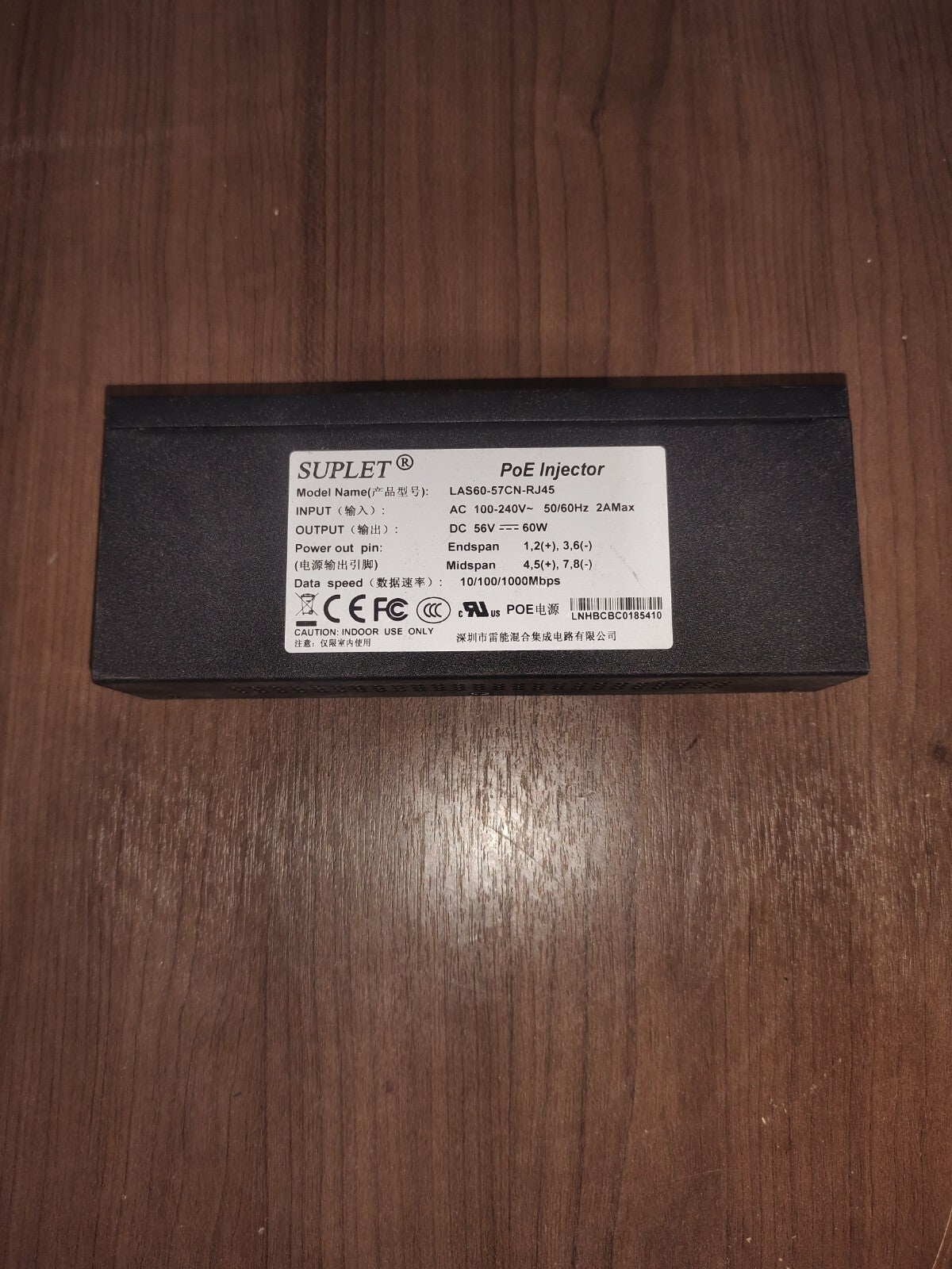 Suplet LAS60-57CN-RJ45 60W 1.07A POE Injector - 1