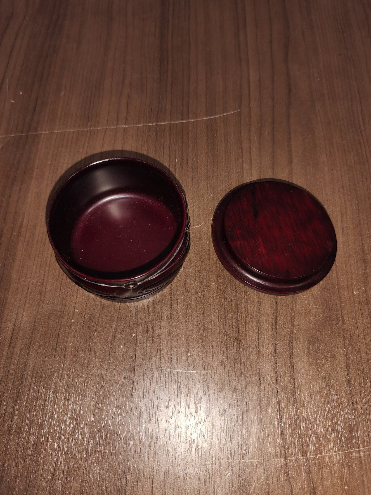 BOMA CANADA CARVED RESIN IN CHERRY WOOD TRINKET BOX WITH TRIBAL ART CARVINGS