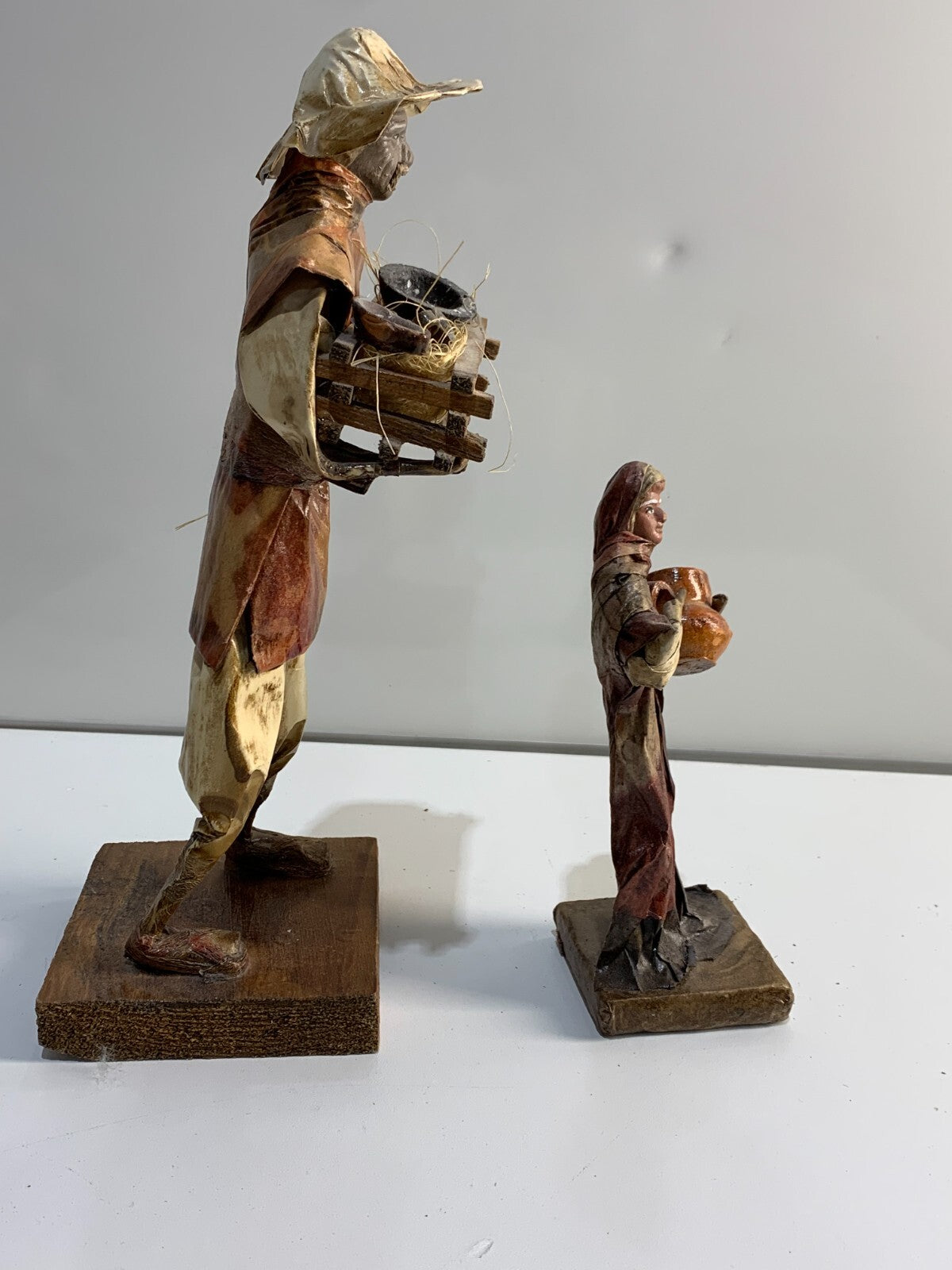 Vintage Mexican Folk Art Paper Mache Man & Woman Figures holding Pottery & Bowls