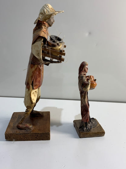 Vintage Mexican Folk Art Paper Mache Man & Woman Figures holding Pottery & Bowls
