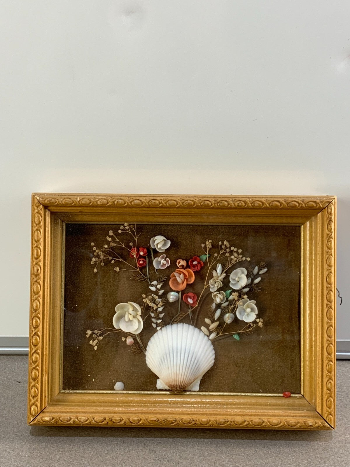 Vintage Shell Art Floral Black Wooden Frame
