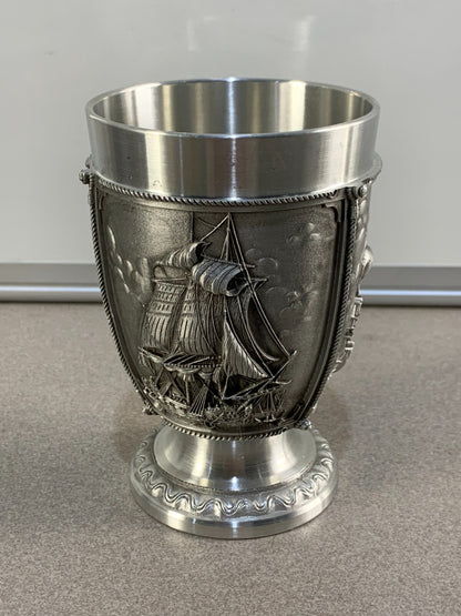 Vintage German Pewter Shot Glass Sail Boat Ship Brigantine Estate