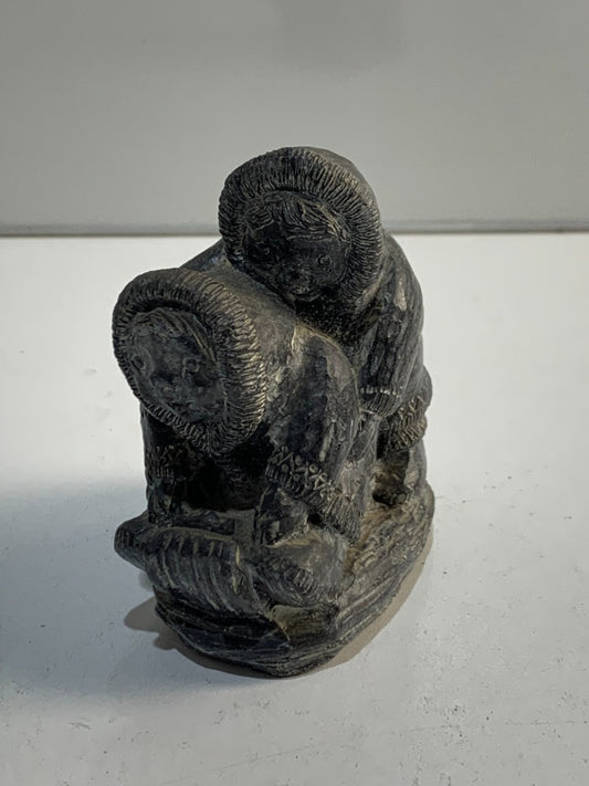Vintage Inuit Children Sledding Eskimo Art Hand Made Canada Resin