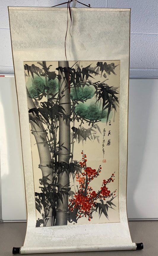 Rare Chinese Scroll Painting Bamboo & Plum Blossom – Calligraphy by Ding Yanyong
