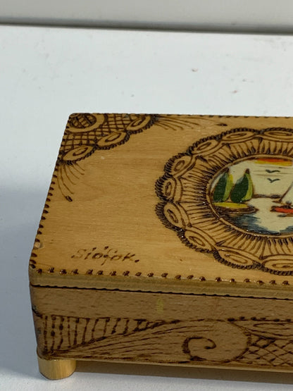 Antique Wooden Box with Hinged Lid, has a beautiful art on top.