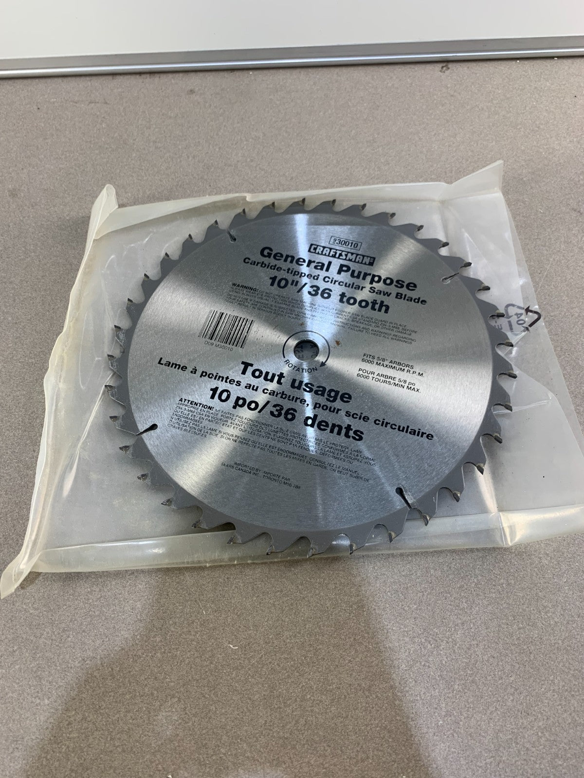 Craftsman 10-inch, 36-tooth, general-purpose, carbide-tipped circular saw blade.