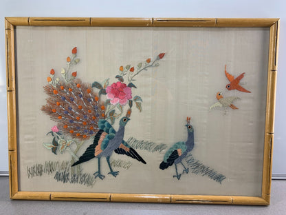Chinese Silk Embroidered Peacock Flowers Asian Framed