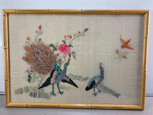Chinese Silk Embroidered Peacock Flowers Asian Framed