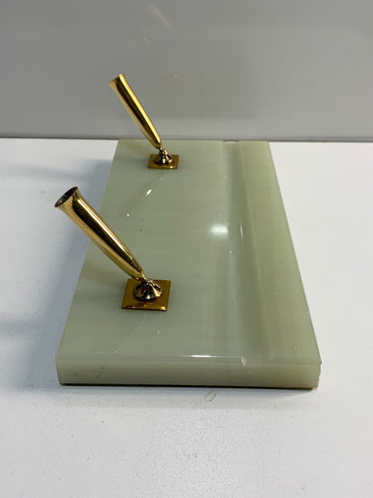 Vintage Scheaffer Green Onyx Marble Base Double Pen Desk Holder Set Gold tone