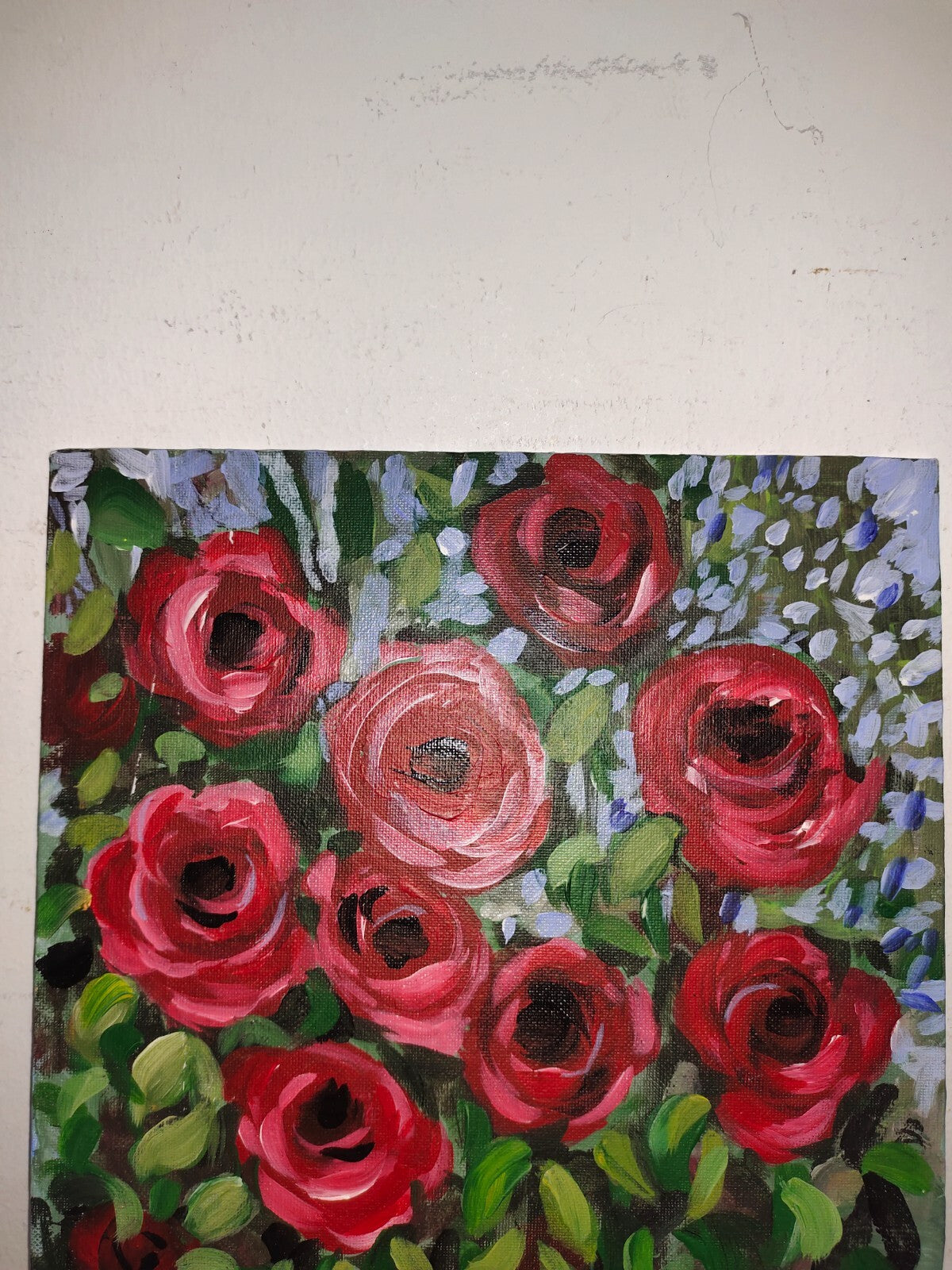Hand Painted Acrylic Stretch Canvas Painting - 14" X 11" - Roses and Plant