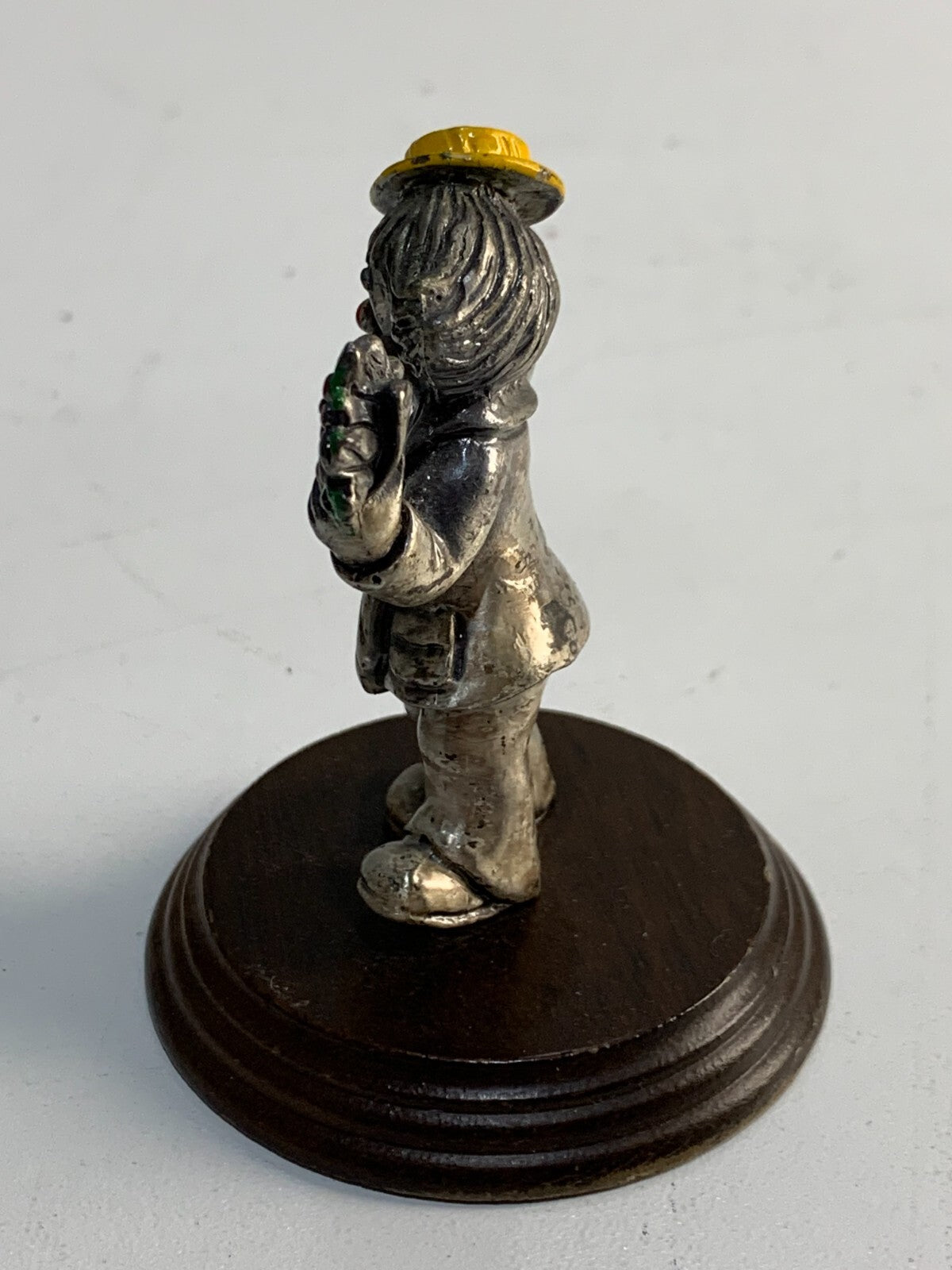 Vintage George Good Cast Pewter Clown On Wood Base With Flowers