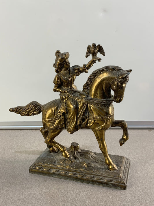Vintage French bronze sculpture, statue, knight with his hawk on his horse
